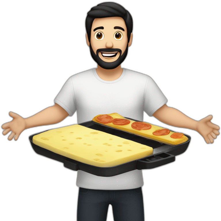 a white man with black hair and a black beard. He is happy with his arms in the air and in front of him is a raclette emoji