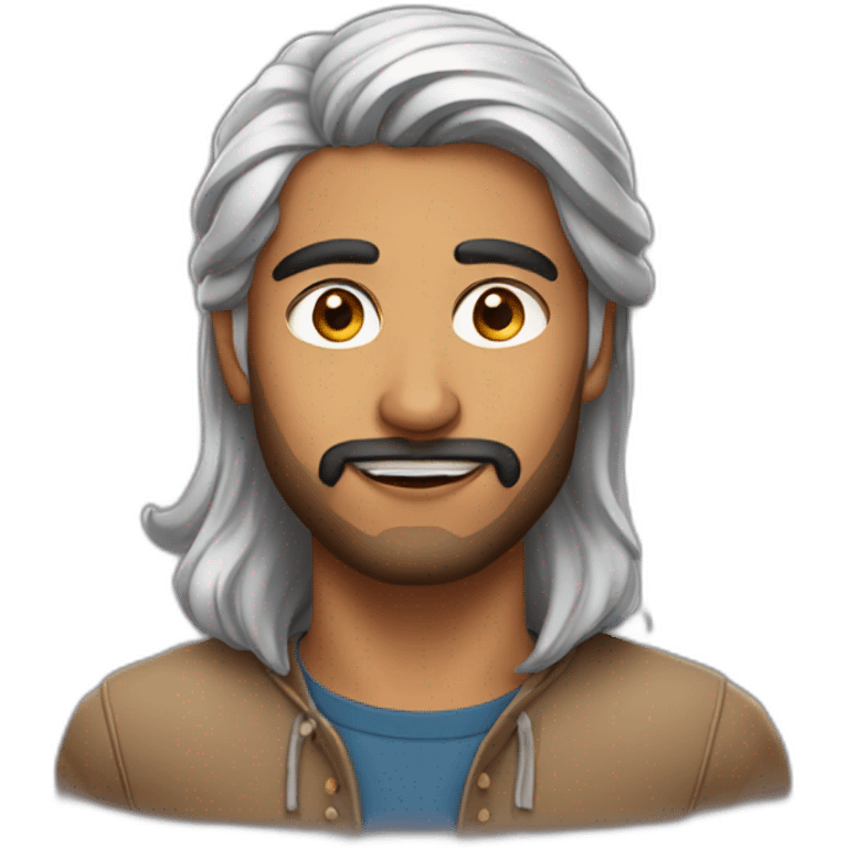 Indian man in his 20s with a light beard which is thicker near the chin and stylish hair which is long on one side covering the top of the ear emoji