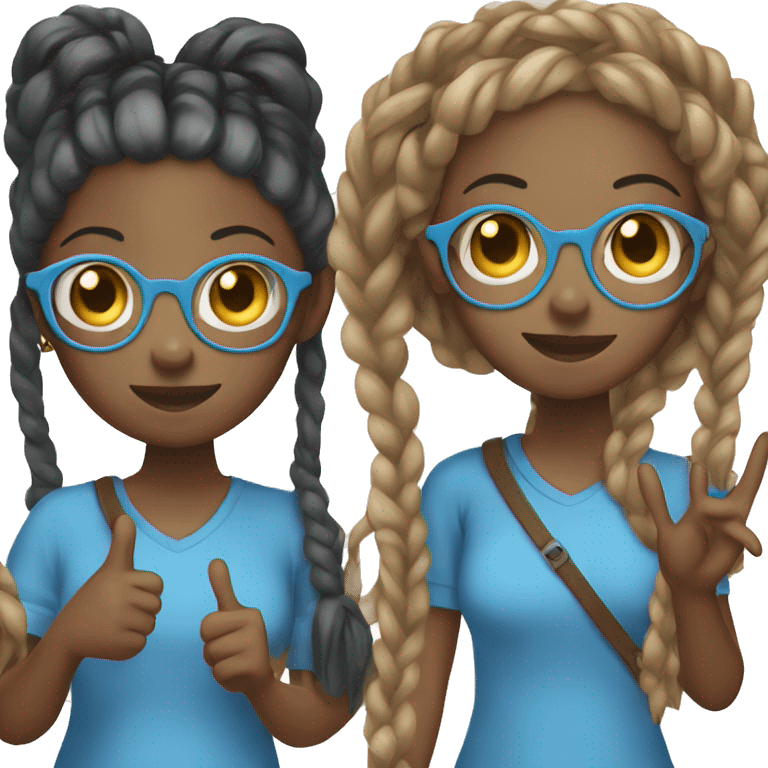 Black girl with a bunch of braids and a long blue shirt with black glasses holding up a peace sign emoji