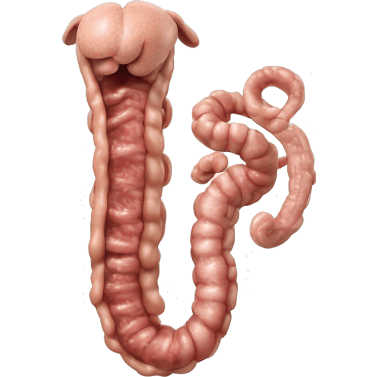 the intestines of a dog from a ventral view. Include the small intestine coiled in the middle, the large intestine connected to it, and the colon running down the left side. Make sure the positions are realistic emoji