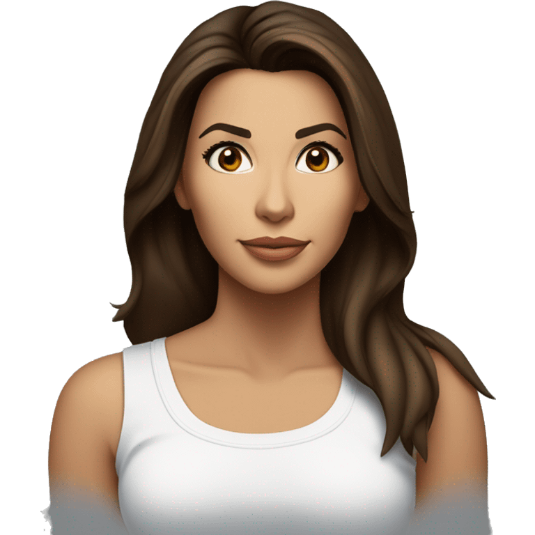 3/4 face, contrasted, shadow, light, Eva Longoria expression, standing from a distance, thin nose, brunette woman, hazel eyes, long eyelashes, dark shoulder shaded hair, white t-shirt, jeans, white sneakers emoji