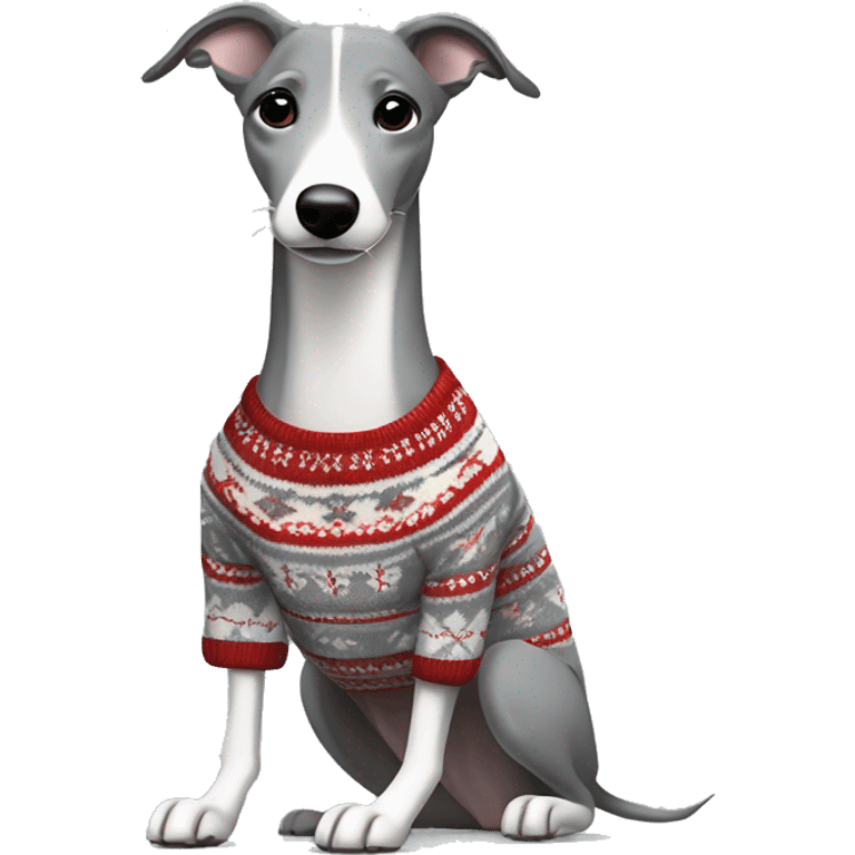 Grey whippet in a fair isle jumper playing emoji