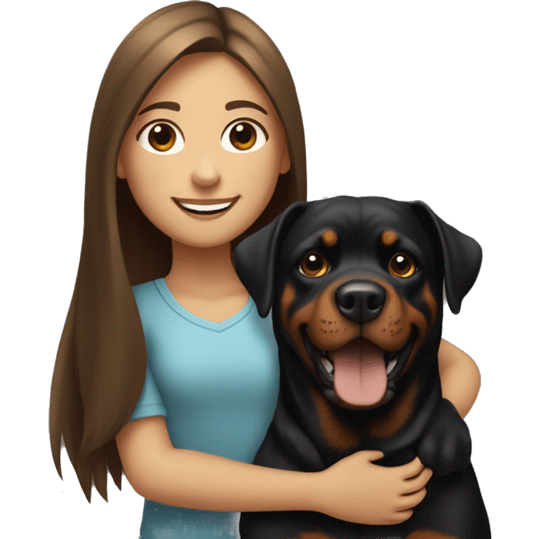 smiling fair skinned girl with long straight brown hair holding a rottweiler emoji