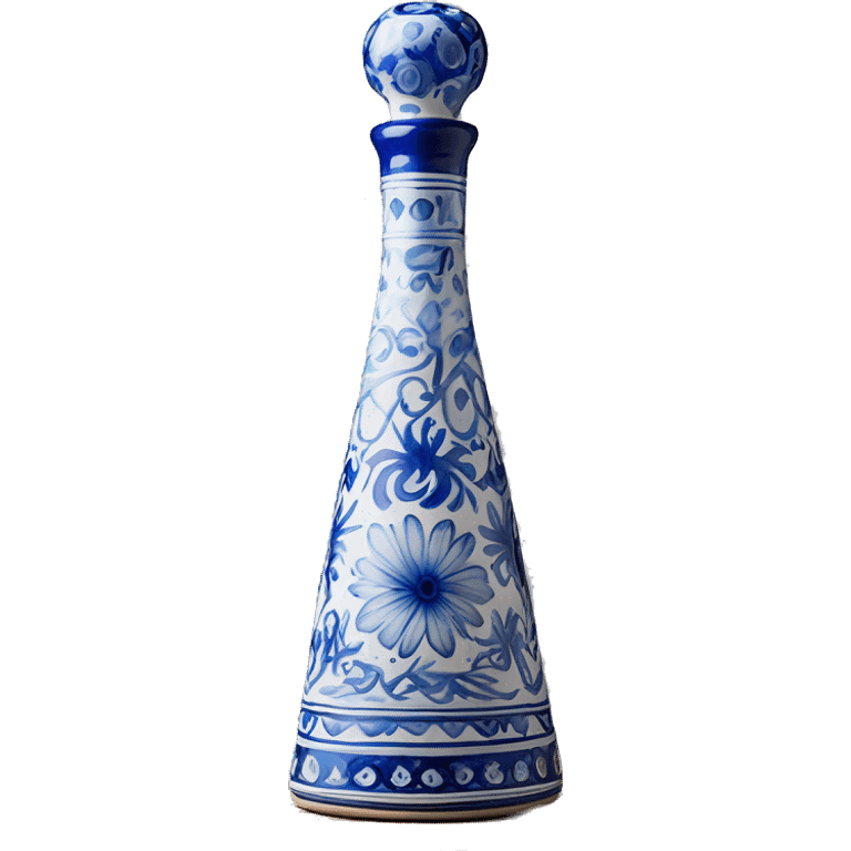 The Clase Azul Tequila bottle has a tall, hourglass-shaped ceramic body, hand-painted in white with cobalt blue floral designs. It’s topped with a distinctive gray, bell-shaped stopper that adds a final elegant touch. emoji