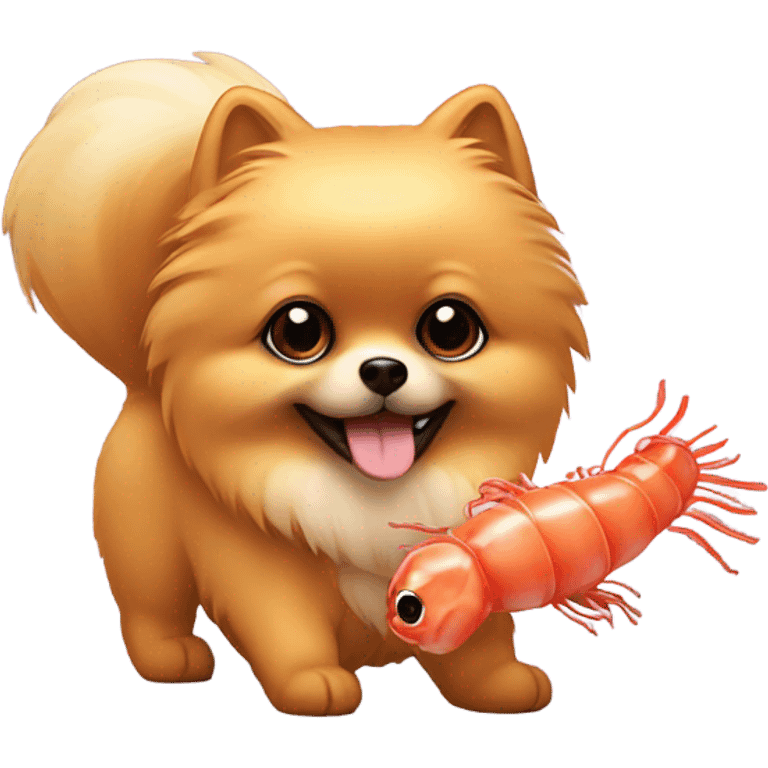 Pomeranian with shrimp toy emoji