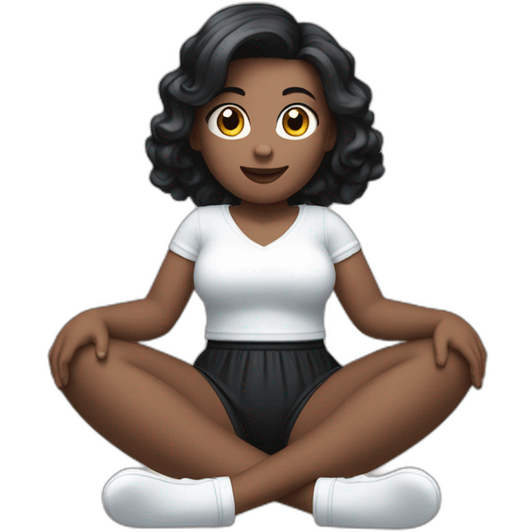 Front view full body curvy caucasian beauty sitting straight hands up black skirt white knickers white socks emoji