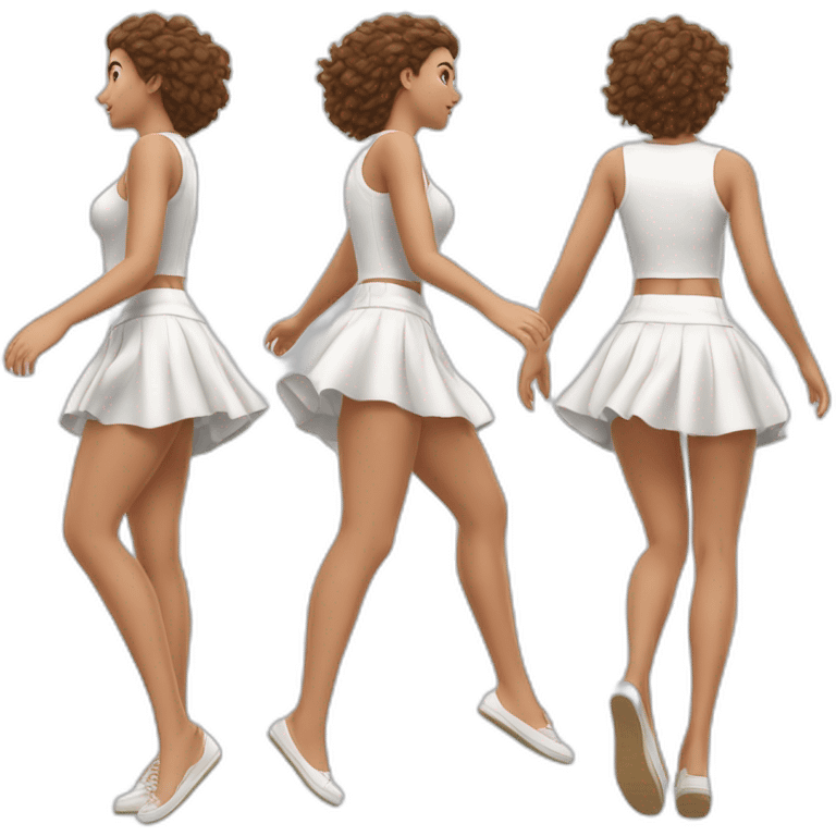 Hyperrealistic Full body Caucasian curvy beauty jumping short white skirt back and front views strong wind emoji