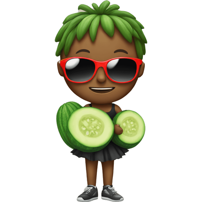 Boy with sunglases and a tutu with a cucumber on its face emoji