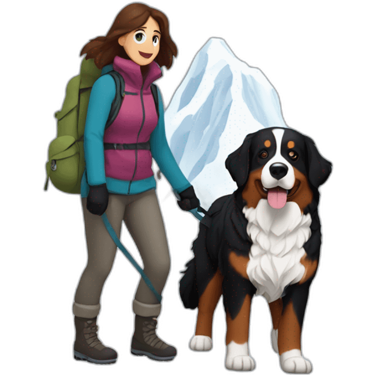 bernese mountain dog hiking with a woman with brown hairr a mountain in snow emoji