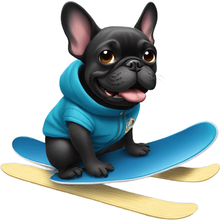 A dark french bulldog snowboarding emoji