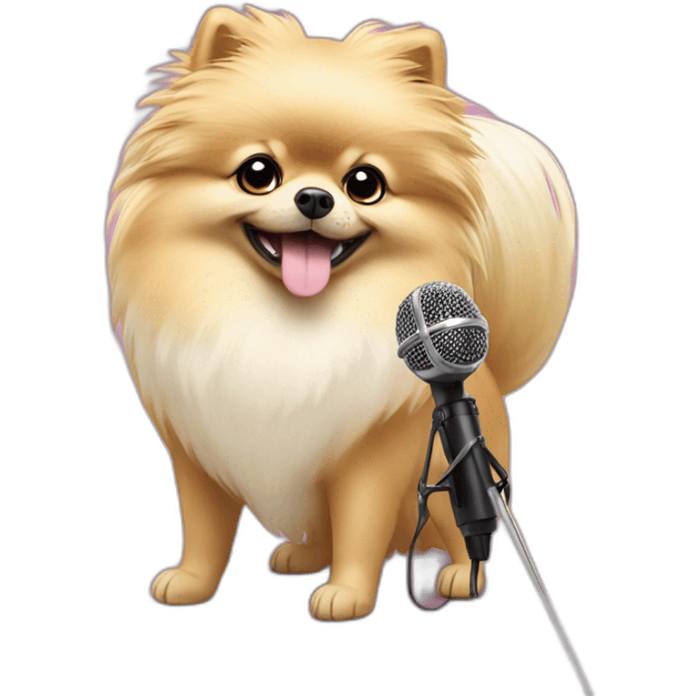 pomeranian in blonde wig with a microphone emoji