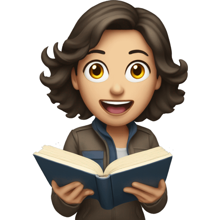 brunette woman screaming while holding and reading book emoji