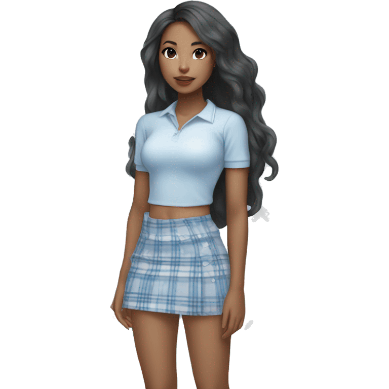 Pretty mixed Asian black girl with long wavy hair wearing a baby blue and white plaid mini skirt  emoji