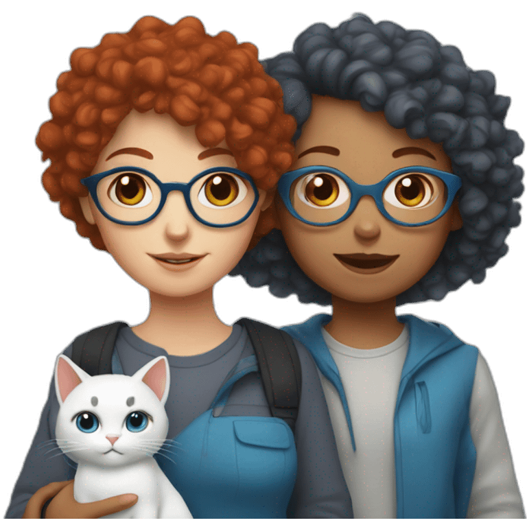 a girl with red curly hair and blue glasses with a white and gray cat in her arms emoji