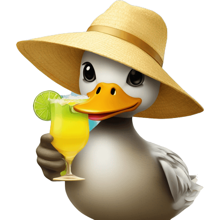 Duck with a sun hat on the beach drinking margarita emoji