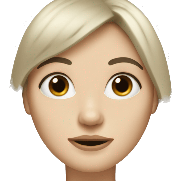 pale white woman with black hair and bangs with a little nose and brown e emoji