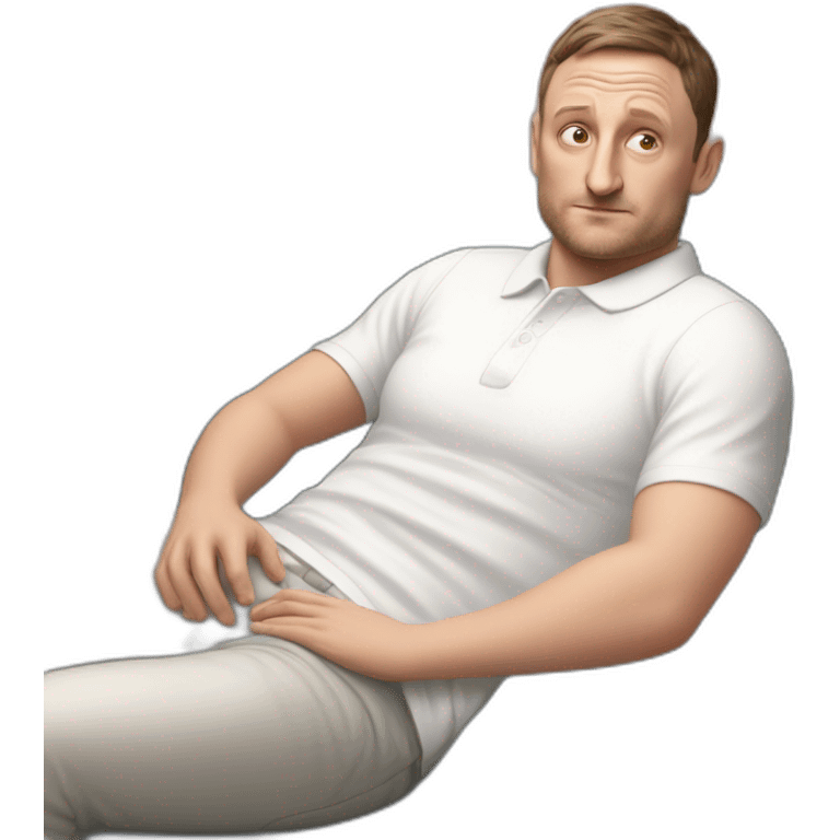 tim robinson very tired laying down on a red couch in a long sleeve white polo shirt, chest up clean shaven, laying flat across couch, arms at side emoji