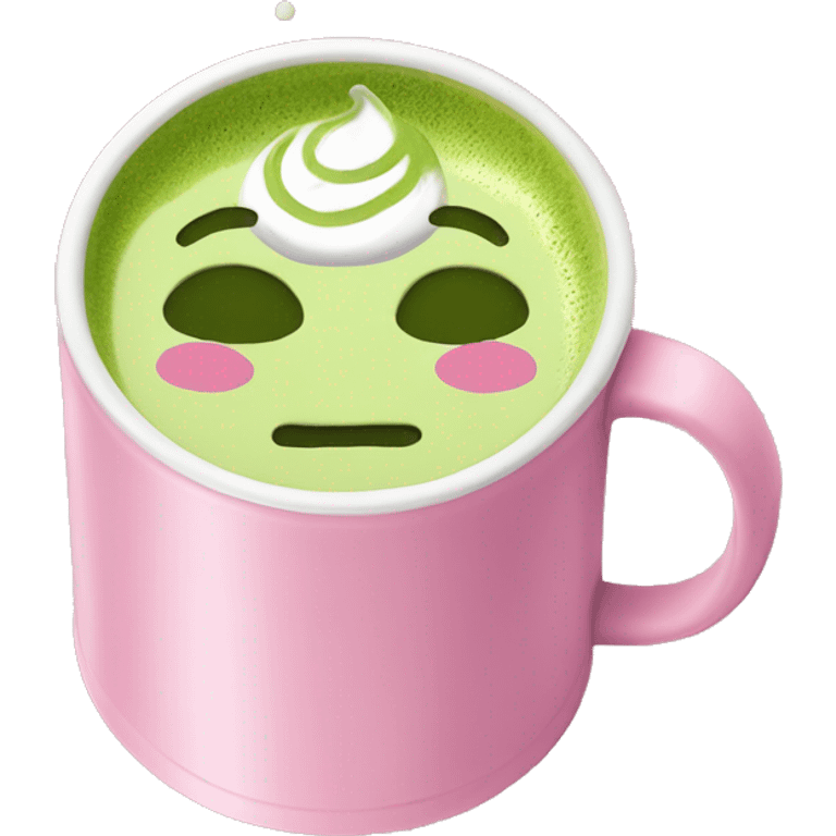 Matcha latte drink on a pink cup written on the cup Mayar emoji