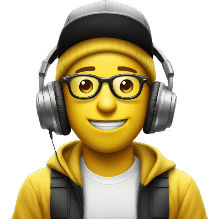 make a yellow circled classic emoji face with a snapback hat and headphones on listening to edm and make sure he is really into what he is listening to emoji