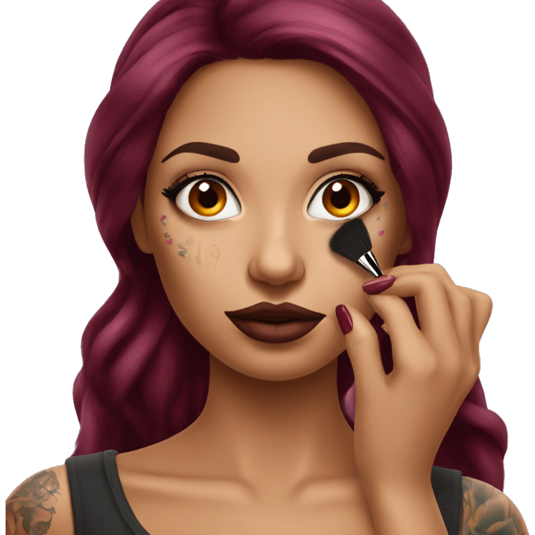 Beautiful tattooed burgundy long haired woman doing her makeup emoji