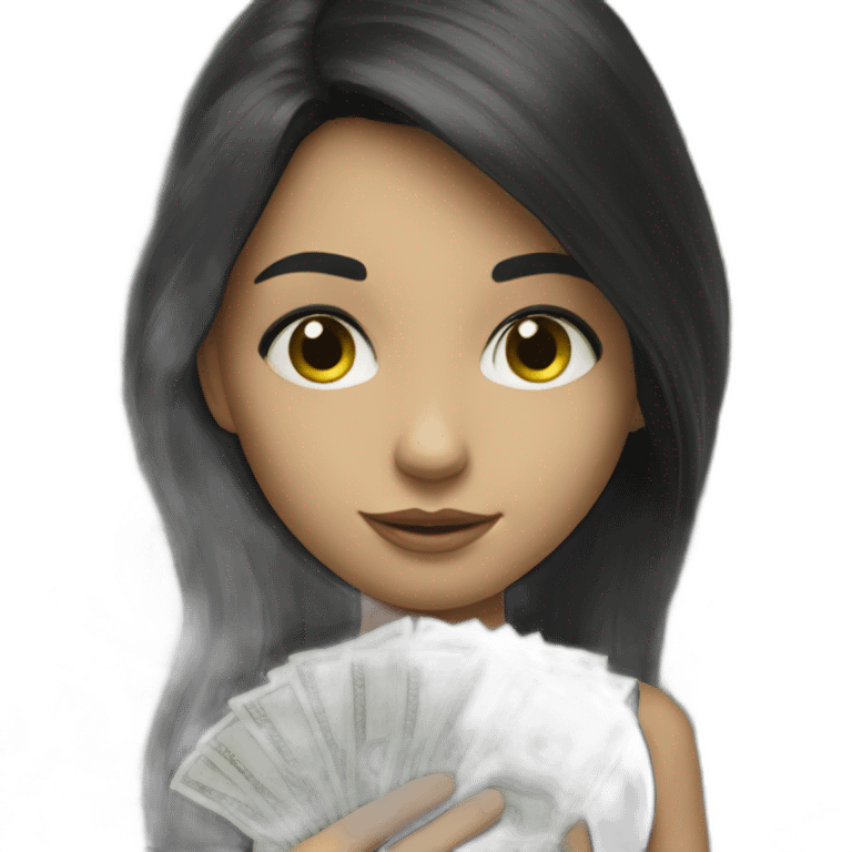 hyperrealist caucasian girl black long hair holding money emoji