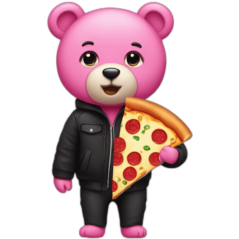 a pink bear with a black jacket and a big pizza emoji