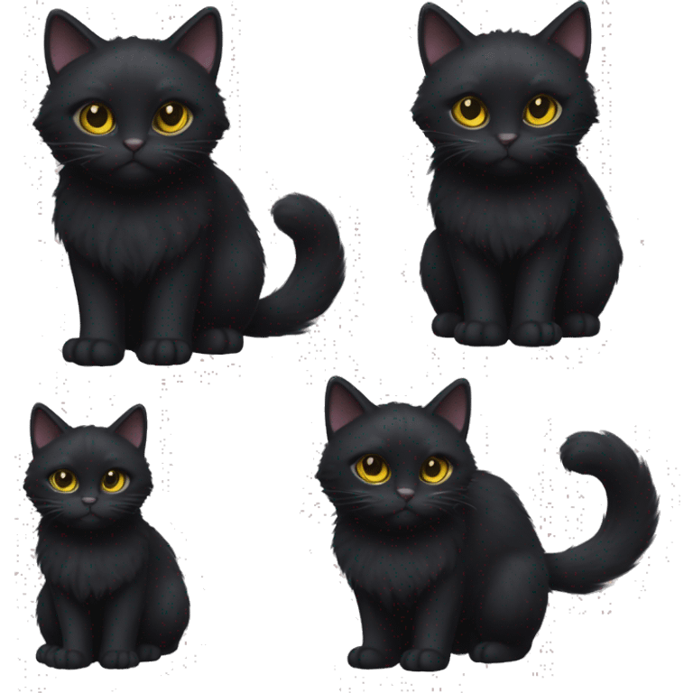 A petite, solid black furred cat. Light yellow eyes. Black pointed tufts of long fur at only the very tip-top points of its ears like a lynx. Fully body black and no other color markings. Facing forward and standing with ears slightly tilted. emoji