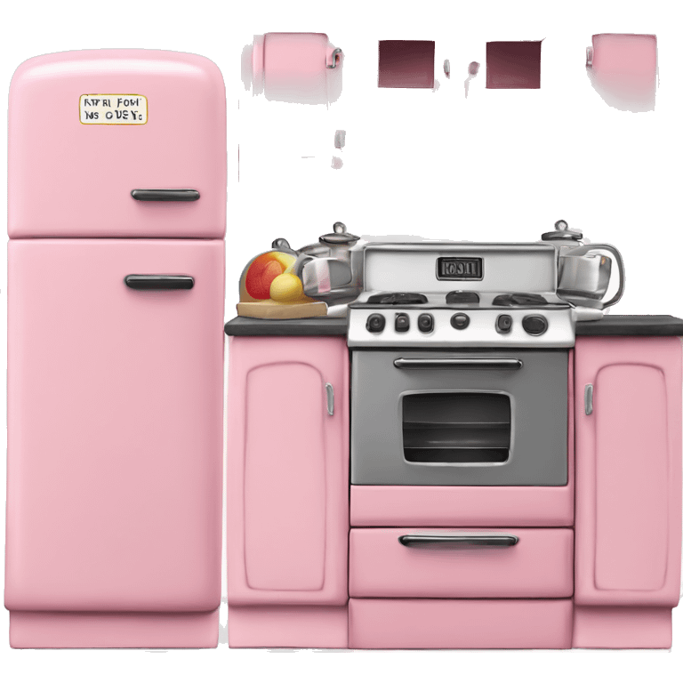 Isolated full length Realistic bubblegum vintage retro kitchen range with cabinets and counters. emoji