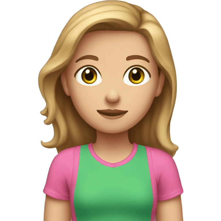 A girl with light brown hair, green eyes and a pink T-shirt emoji