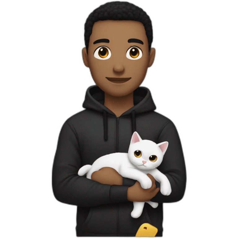 white man black hair, beany in tracksuit holdin black cat like a baby in arms emoji