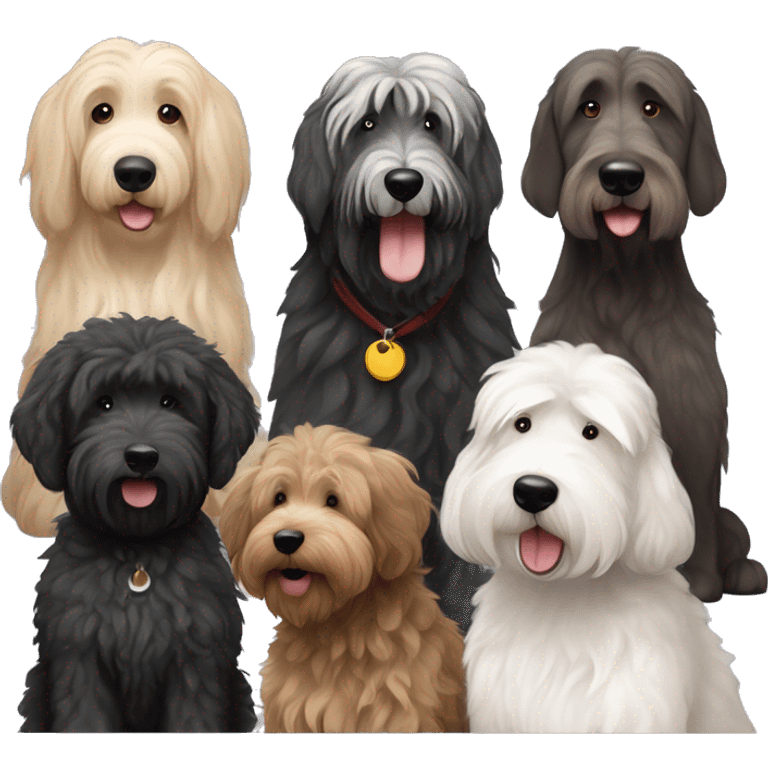 Black goldendoodle, old English sheepdog, brown goldendoodle, black Irish wolfhound together  emoji