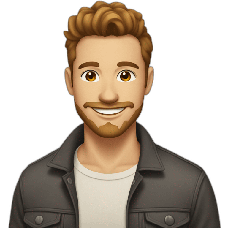 young man with short beard smiling medium long curvy rockabilly style brown hair with light skin emoji