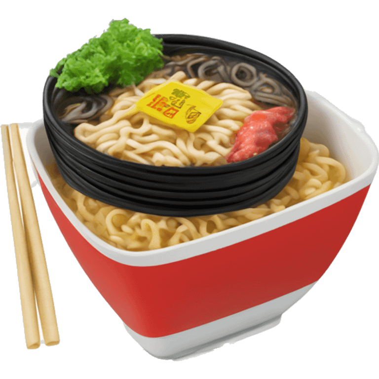 Sealed black plastic noodle package with red and white lettering, showing a photo of ramen with noodles, meat, and chili on the front. The package is crinkled, like typical instant noodles, with a red logo and bold Korean text. emoji