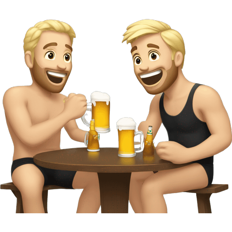 Two brown haired men and one blonde haired man sitting at a table drinking beer in a swimsuit. They are laughing emoji