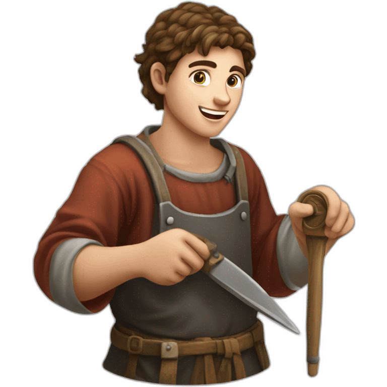 young coin engraver apprentice yielding tool, medieval age emoji