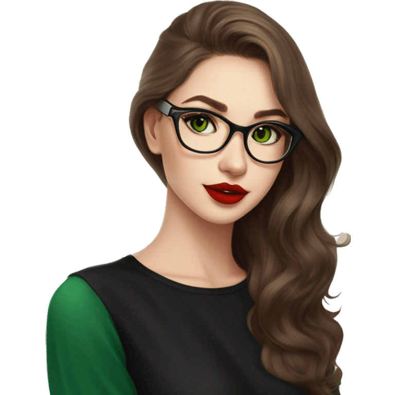 23 years old girl
long brown hair with volume styling
light skin
red lipstick
glasses with refined frame
green eyes with cat eye liner
black silk shirt with long sleeves emoji