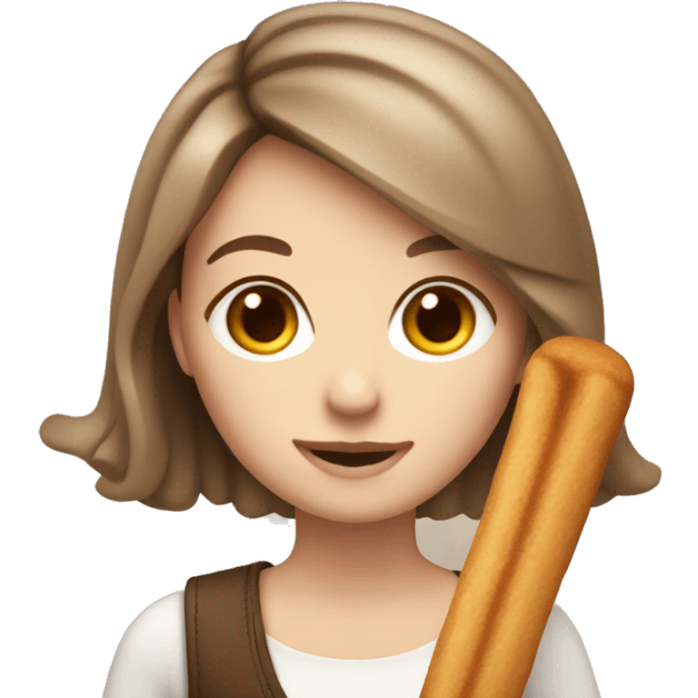 Cute white woman with brown medium length hair holding a churro emoji