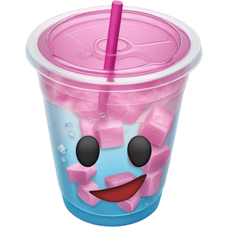 Realistic plastic cup and lid with pink soda and large ice cubes inside and straw through the top of the lid. emoji