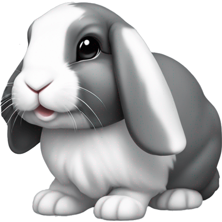 Mini lop eared rabbit, grey, with a small white patch on nose and a white stripe on the top of the head emoji