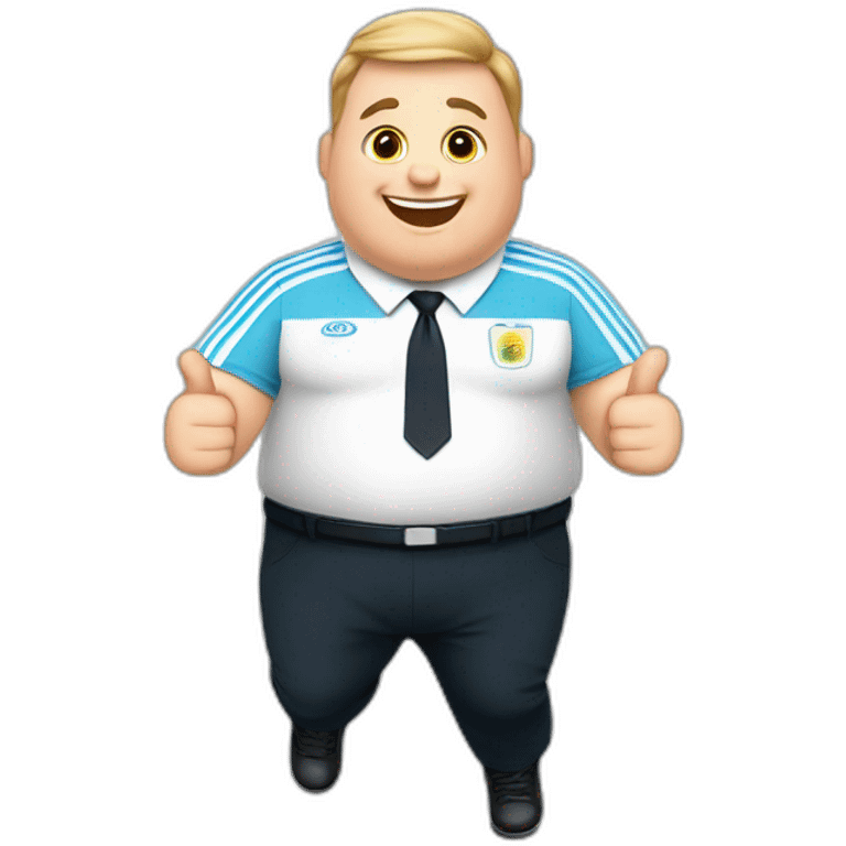 Short hair, obese white man play jumping hand up. argentina uniform. Thumbs up  emoji