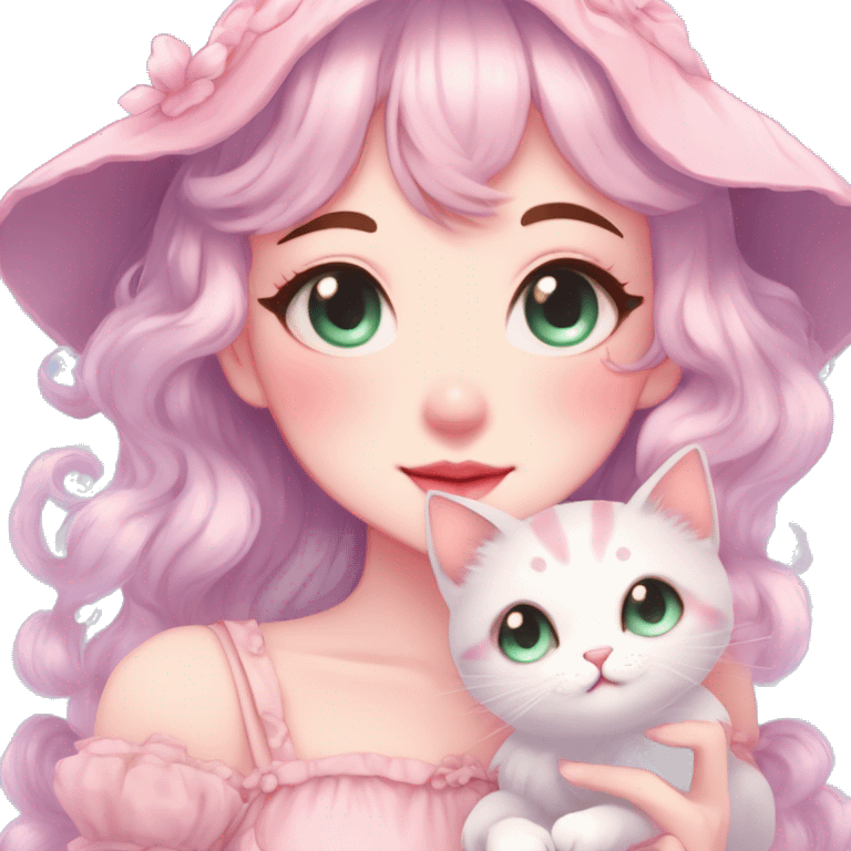 Gorgeous pastel anime style lady with blushing face and holding a kitten cottagecore fairycore pastelcore colorful pearly romantic simplistic aesthetic trending style emoji