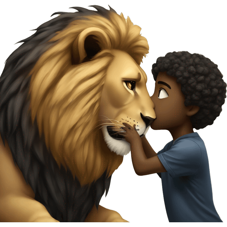 Big serious lion kissing a little young black panther emoji