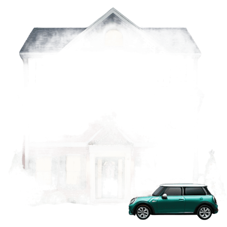 townhome decorated for Christmas with a mini cooper parked out front emoji