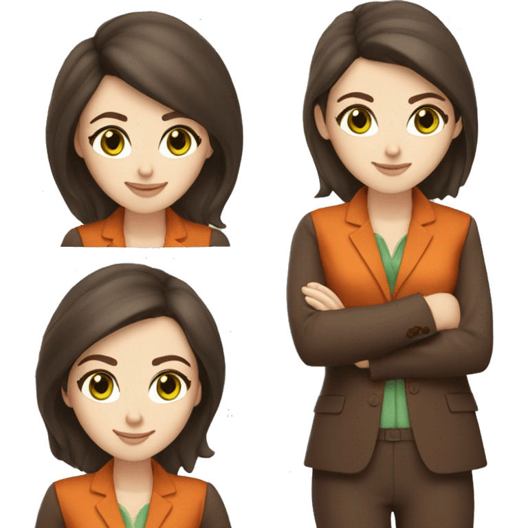 woman, green eyes, pale white skin, chocolate brown hair, orange business suit emoji