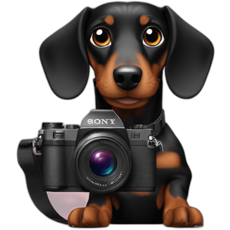 a black dachshund dog holds a SONY camera in his hands emoji