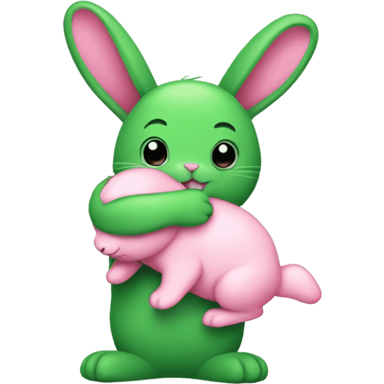 Green bunny hugging pink bunny emoji