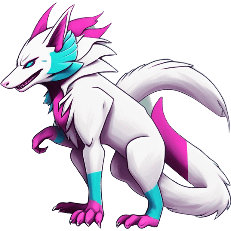 White elegant beautiful natural cute badass epic anthro modern albino sergal-vernid-Fakémon with cyan mane and magenta eyes with cyan edgy stripes, anthropomorphic, two-legged, digitigrade, full body emoji