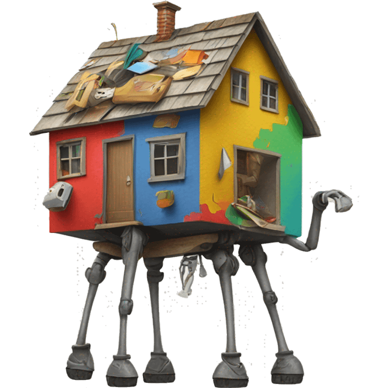 multiple colorful pieces of junk creating a walking house on four tall legs  emoji