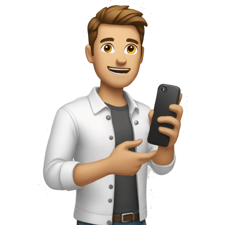 man in white shirt holding phone emoji