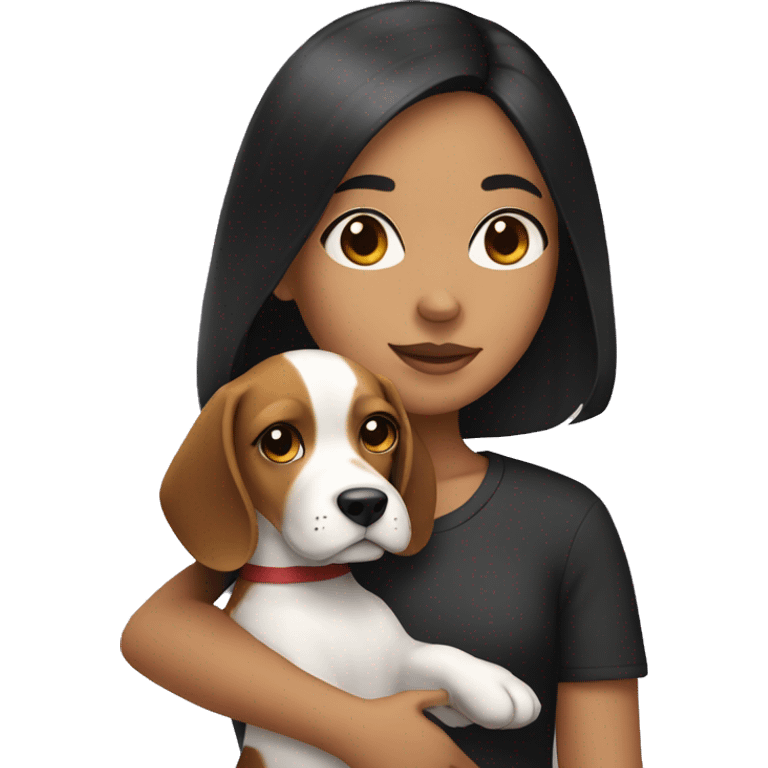 girl with black hair holding a beagle emoji